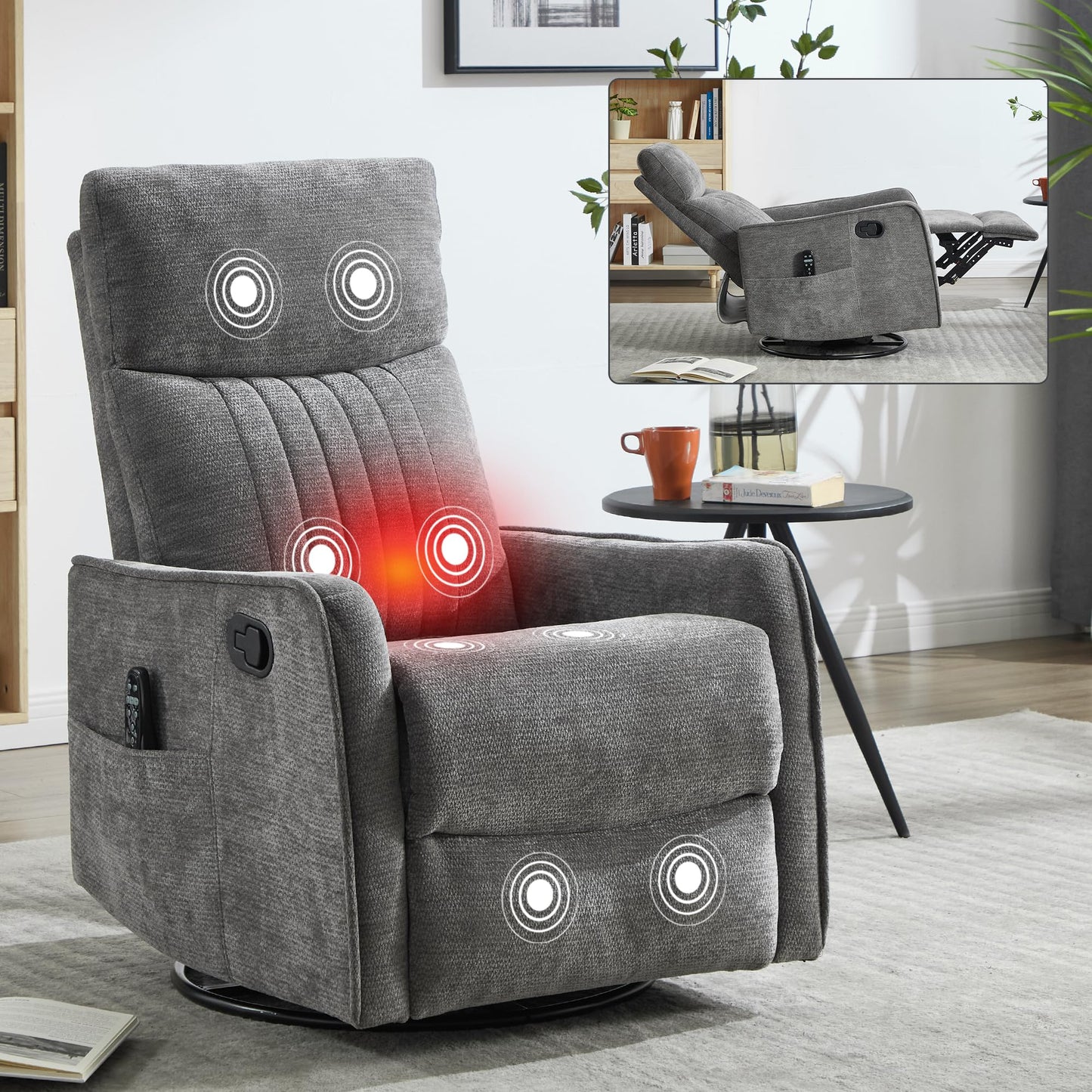 KEIKI 4-in-1 Manual Swivel Rocker Recliner Chair for Living Room, Chenille Nursery Glider Rocking Chairs with Back Massager & Heat, Ideal for Senior Adults True Relaxation, Dark Gray