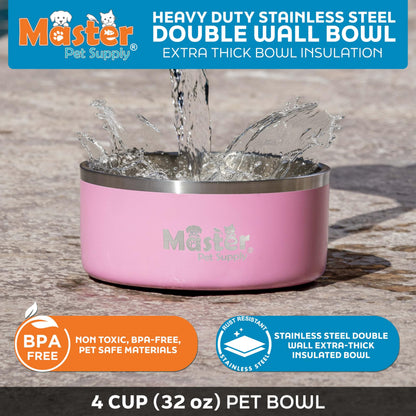 Master Pet Supply Stainless Steel Dog Bowls - 32 oz, Heavy Duty - Hyper Pink, Double Wall Extra-Thick Insulated, Non-Slip Pet Water Bowl for Dogs, Cats & Pets, Anti Rust Metal, Dish Washer Safe