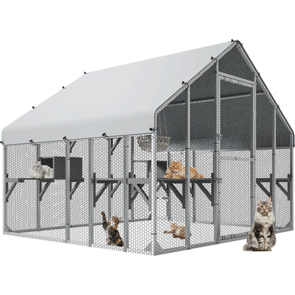 YITAHOME 94 Inch Outdoor Cat Enclosure, Extra Large Outdoor Cat House for Multiple Cats, Metal Cat Cage with Weatherproof Roof, 7 Platforms, 2 Resting Box and Cat Hammock Bed