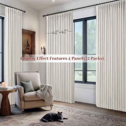 100% Blackout Linen 96 Inch Curtains 2 Panel Set for Bedroom, Modern Pinch Pleated Natural Linen Off Beige White Insulated Heavy Curtain 40 x 96 Inches Length Sliding Glass Door Room Darkening Drapes