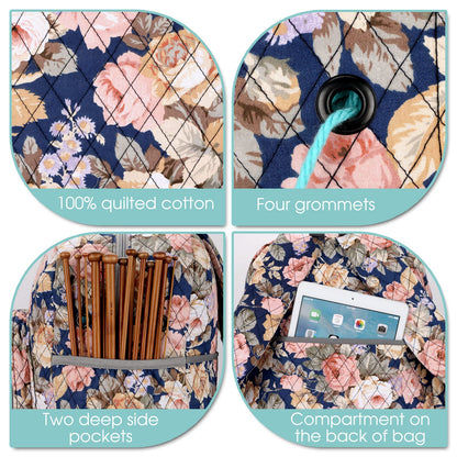 Hanfetch Yarn Storage Organizer Knitting Bag Backpack Large size with Grommets Portable Crochet Bag Yarn Keeper for Yarn Skeins， Crochet Hooks, Knitting Needles and Other Accessories (Peony)