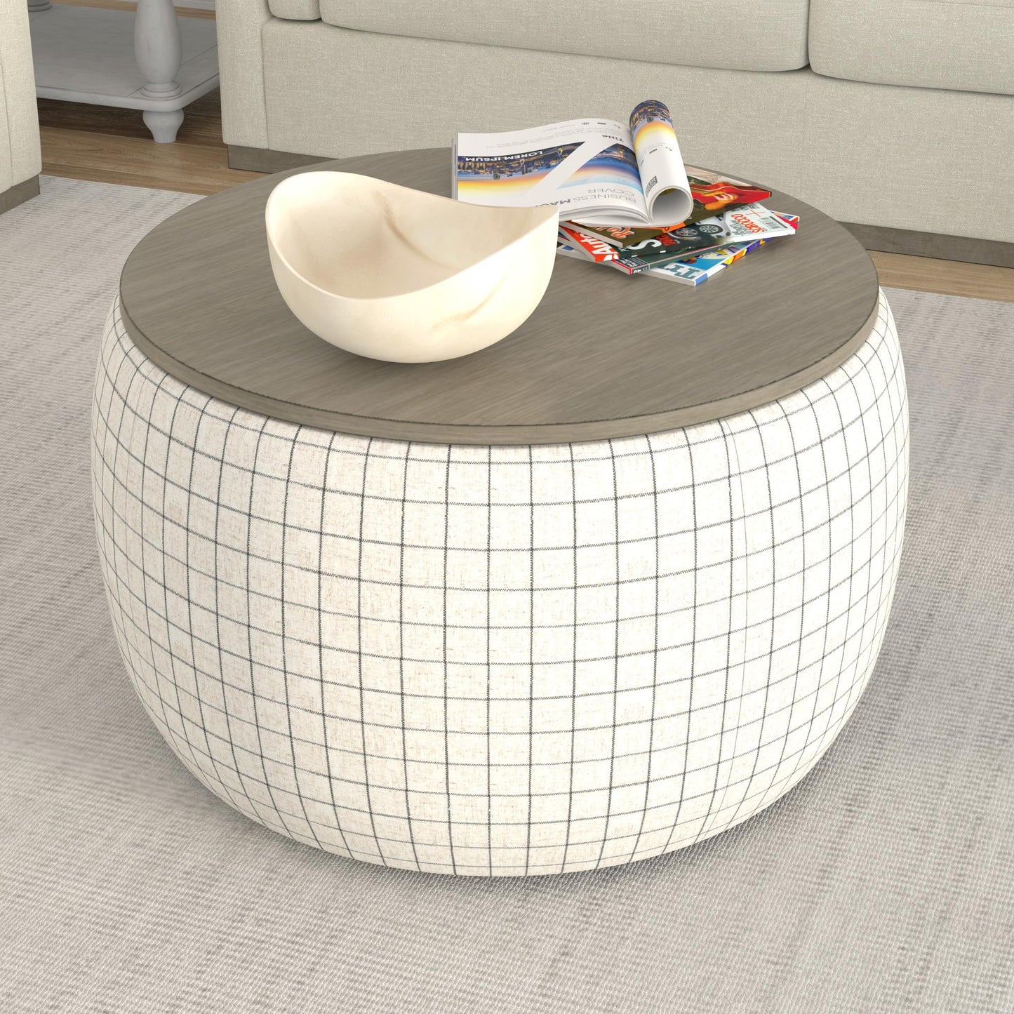 GDFStudio 34" Round Storage Ottoman Bench with Reversible Lid, Upholstered Fabric Ottoman Foot Stool, Large Round Ottoman with Storage for Living Room Bedroom Entryway No Assembly, Charcoal Windowpane