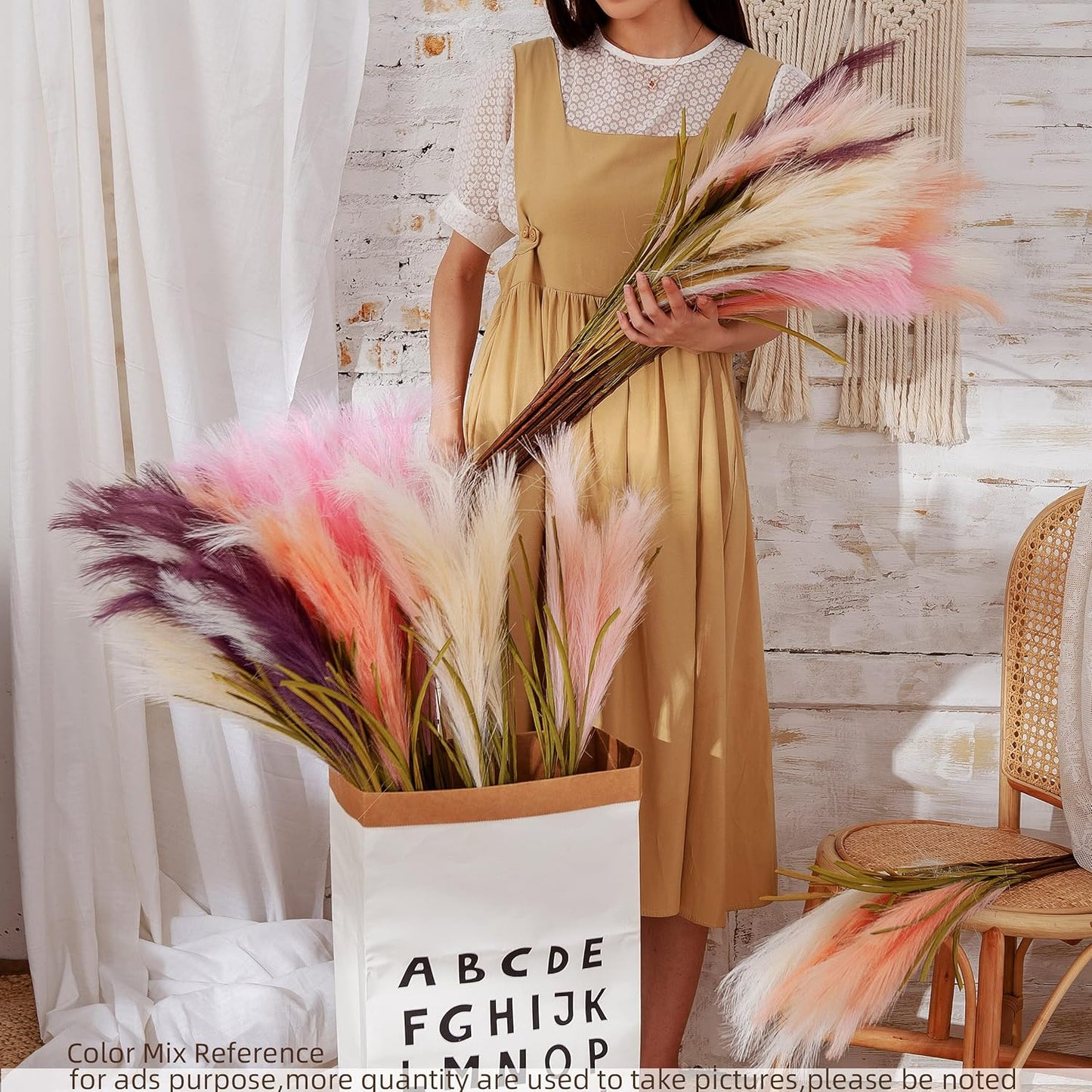 Faux Pampas Grass, Artificial Pampas Grass 6pcs, 39" Long Stem, Boho Room Decor Flowers Bunches, Orange