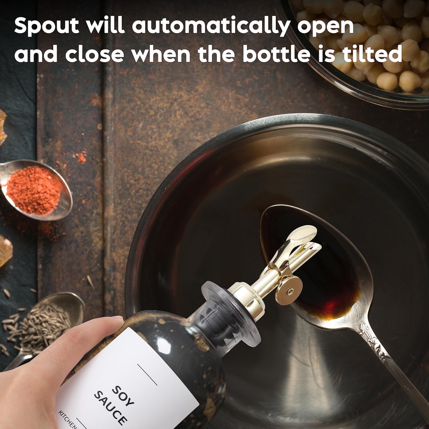 Spaceneat Oil Dispenser for Kitchen - Glass Olive Oil Bottle Set of 2 (11.8oz) with Gold Weighted Self-Closing Pourer - Cooking Oil Dispenser with 66 Labels, Aligner & Funnel