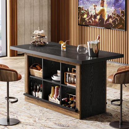 Tribesigns Bar Table with Storage, 62.6" Rectangular Home Bar Cabinet Unit with 6 Spacious Cubbies and Metal Footrests, Large Counter Height Pub Table for Home Kitchen, Dining Room, Brown & Black