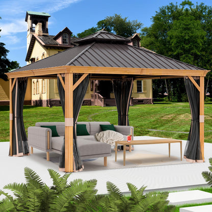 Kozyard Apollo 12’x12’ Hardtop Gazebo, Wooden Coated Aluminum Frame Canopy with Galvanized Steel Double Roof, Outdoor Permanent Metal Pavilion with Netting for Patio Lawn