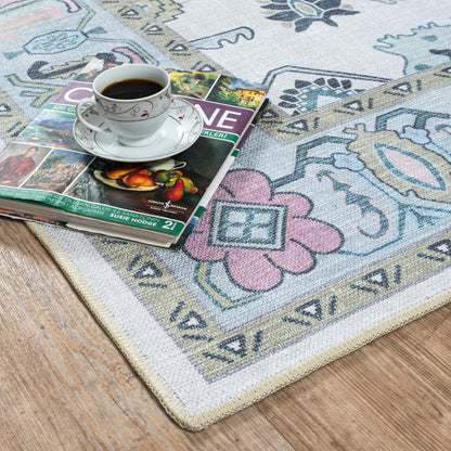 Fame Living Cream Green Oushak Rug, Modern, Vintage, Turkish, Eclectic, Floral, Pastel, Washable, Large Area Rugs for Living Room, Dining, Bedroom, Girls, Boys, 7'5"x9'8"