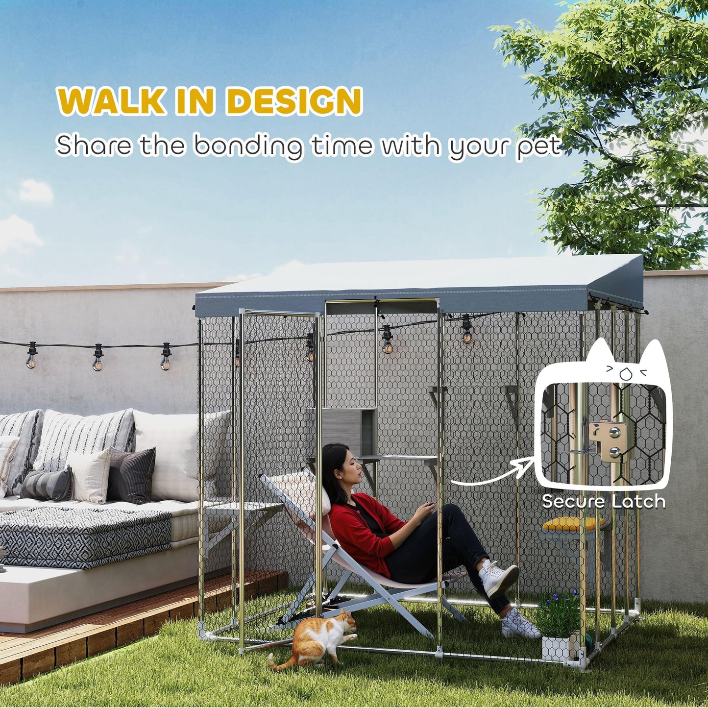 PawHut Catio Outdoor Cat Enclosure, 79" Large Walk-in Cat House with Waterproof Cover, Resting Box, 5 Jumping Platforms, Chicken Run Coop, Rabbit Hutch, Feral Cat Shelter Sloped Roof
