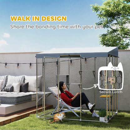 PawHut Catio Outdoor Cat Enclosure, 79" Large Walk-in Cat House with Waterproof Cover, Resting Box, 5 Jumping Platforms, Chicken Run Coop, Rabbit Hutch, Feral Cat Shelter Sloped Roof