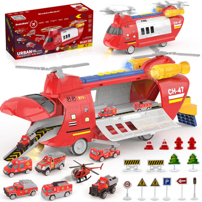 Transport Airplane Toy with 7 Rescue Vehicles/helicopter,1 Play Mat,14 Road Signs,Dual Form Airplane Toy Set with Lights and Sounds,Automatic Propellers, Cars Ejection, Gift for Boys and Girls Age 3+