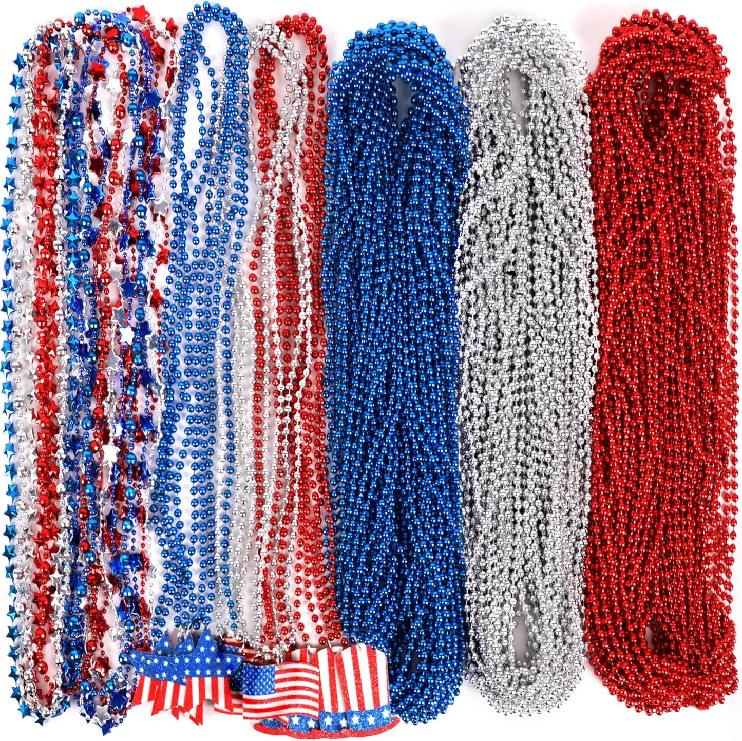 120PCS 4th Moon Boat of July Accessories Necklaces: Blue White and Red Beads Bulk, Patriotic Party Independence