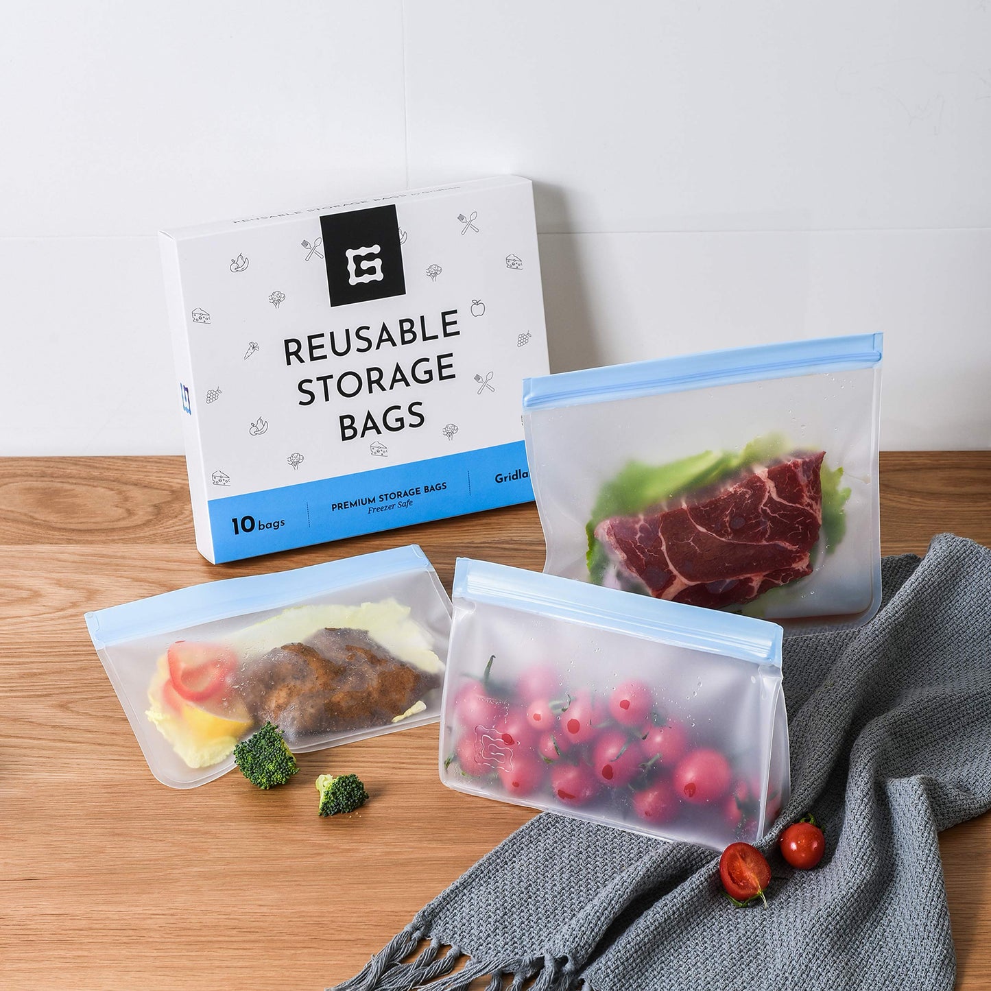Gridlabs Reusable Storage Bags | Premium Set of 10 Bags | Perfect Food Bags for Lunch Sandwich and Kids Snacks | Leakproof Extra Thick Food Safe Material – Freezer Safe