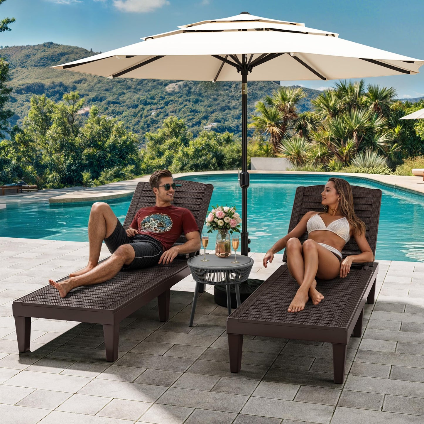 YITAHOME Outdoor Chaise Lounge Chair, Plastic Pool Chaise Lounge with 5-Position Backrest, Easy Assembly & Waterproof for Patio & Poolside, Set of 4, Brown