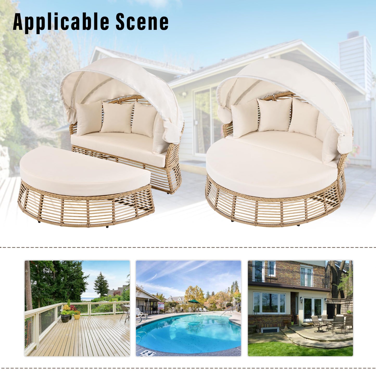 Merax Outdoor Chaise Lounge Daybed for Outside Patio Furniture Wicker with Retractable Canopy Recliner Yellow Rattan Sunbathing Lounger Sofa Sunbed Pool Reclining Sunbed, Khaki Cushion