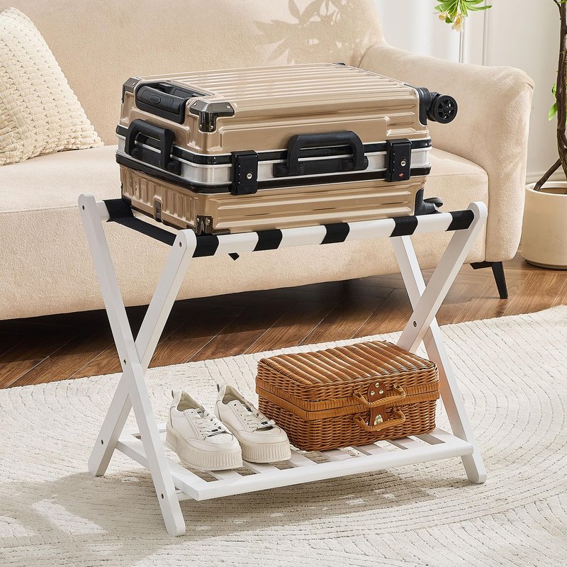 oakvivo Fully Assembled Luggage Racks Pack of 2, Upgraded Bamboo Foldable Suitcase Stand with 5 Nylon Straps, 26.77" Thickened Luggage Stand Holder with Shelf for Guest Room Bedroom Hotel, White