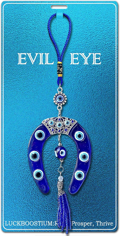 LUCKBOOSTIUM Evil Eye Horseshoe Hanging Ornament - Blue Charm & Horseshoe with Crystal for Luck & Protection