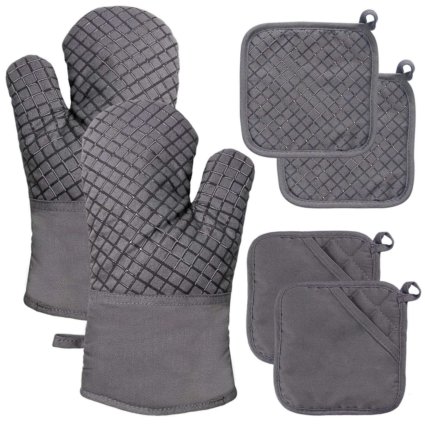 4 Pcs Oven Mitts and Pot Holders,Kitchen Long Oven Glove High Heat Resistant 500 Degree,Extra Thicken Oven Mitts and Potholder with Non-Slip Silicone Surface for Baking,Grilling,Cooking(Grey)