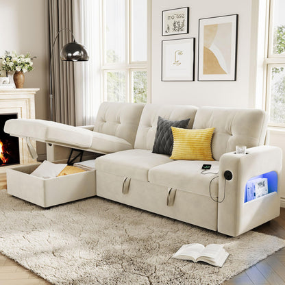 GarveeHome 84 Inch Sleeper Sofa Couch, L-Shaped Couches, Convertible Pull Out Sofa Bed with Storage, Charging Station, Led Lights, Modern Sectional Sofas for Living Room, Apartment, Velvet, Beige