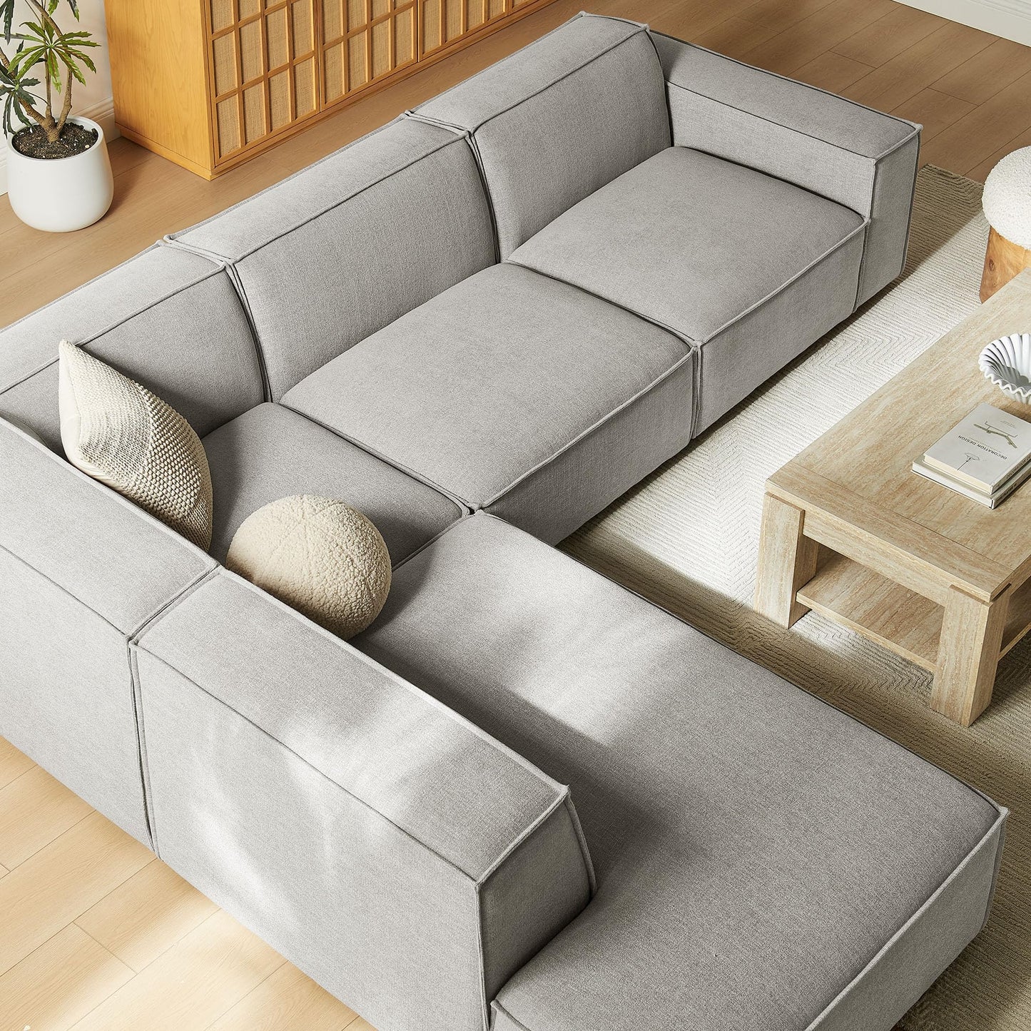 Modway Restore Performance Fabric Upholstered 4-Piece Modular L-Shaped Sofa in Pewter – Sectional Couch with Right-Facing Armchair, Armless Chair, Corner Chair, and Left-Facing Chaise