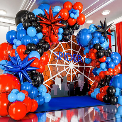 ALL-IN-1 Spider Balloon Arch Kit with BONUS Starburst for Spidy Birthday Decorations - Red Blue Spider Balloons for Spidy Man Party Decorations - Miles Birthday Decoration, Spidey Balloons