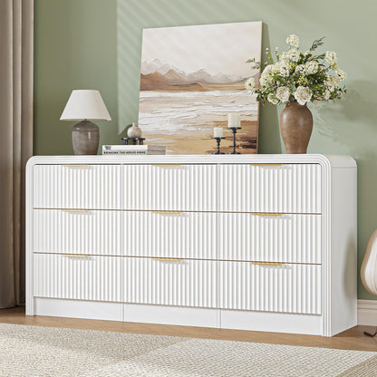 Decofy Fluted 9 Drawers Dresser, 63'' Wide Modern Chest of Drawers with Round Edge & Metal Handle, Wood Drawer Organizer for Bedroom, Living Room, White