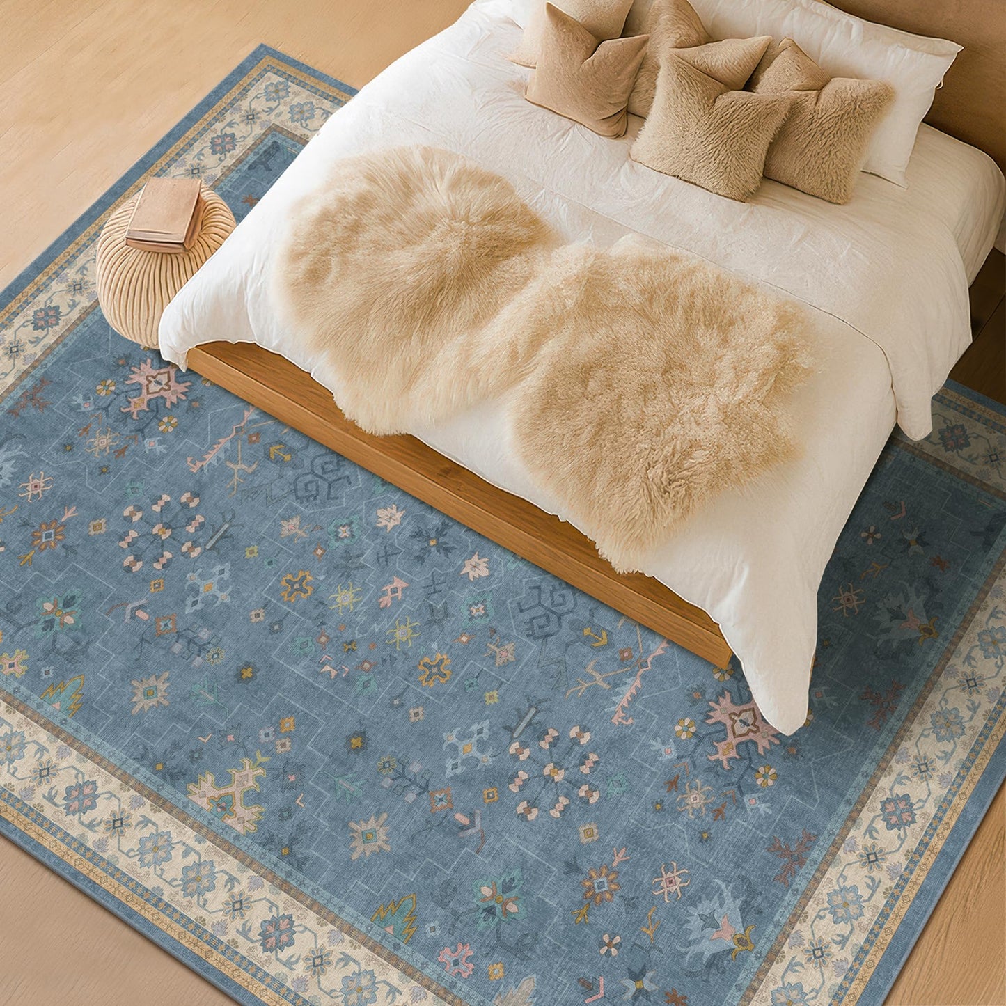 Hazo Haus Blue Big Rugs for Living Room - Dusty Blue 10x14 Area Rug for Large Bedroom, Dining Room, Washable Lightweight Low Pile Foldable Eclectic Modern Floral Home Décor