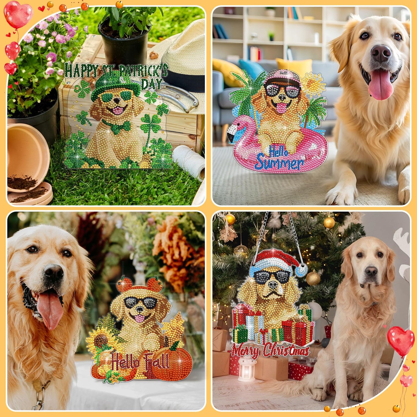 Cinnvoice 12 Pcs Seasonal Diamond Art Wreath Kits Holiday 5d DIY Diamond Painting Signs Germ Hanging Art Ornaments for Wall Door Decorations (Dog)