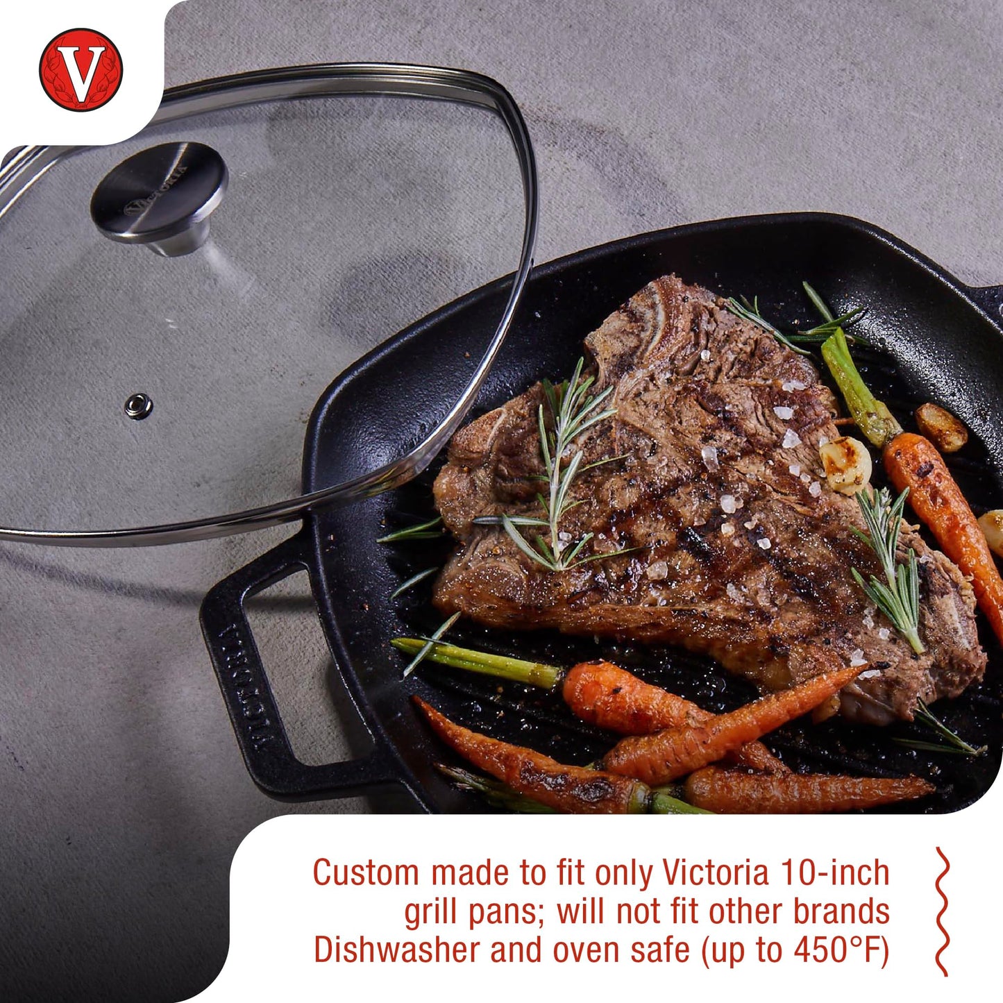 9.7-Inch Glass Lid for Victoria Square 10-Inch Square Skillet or Pan, Custom Made for Only Victoria Brand, Internal Diameter 9.7-Inch, External Diameter 10 Inch