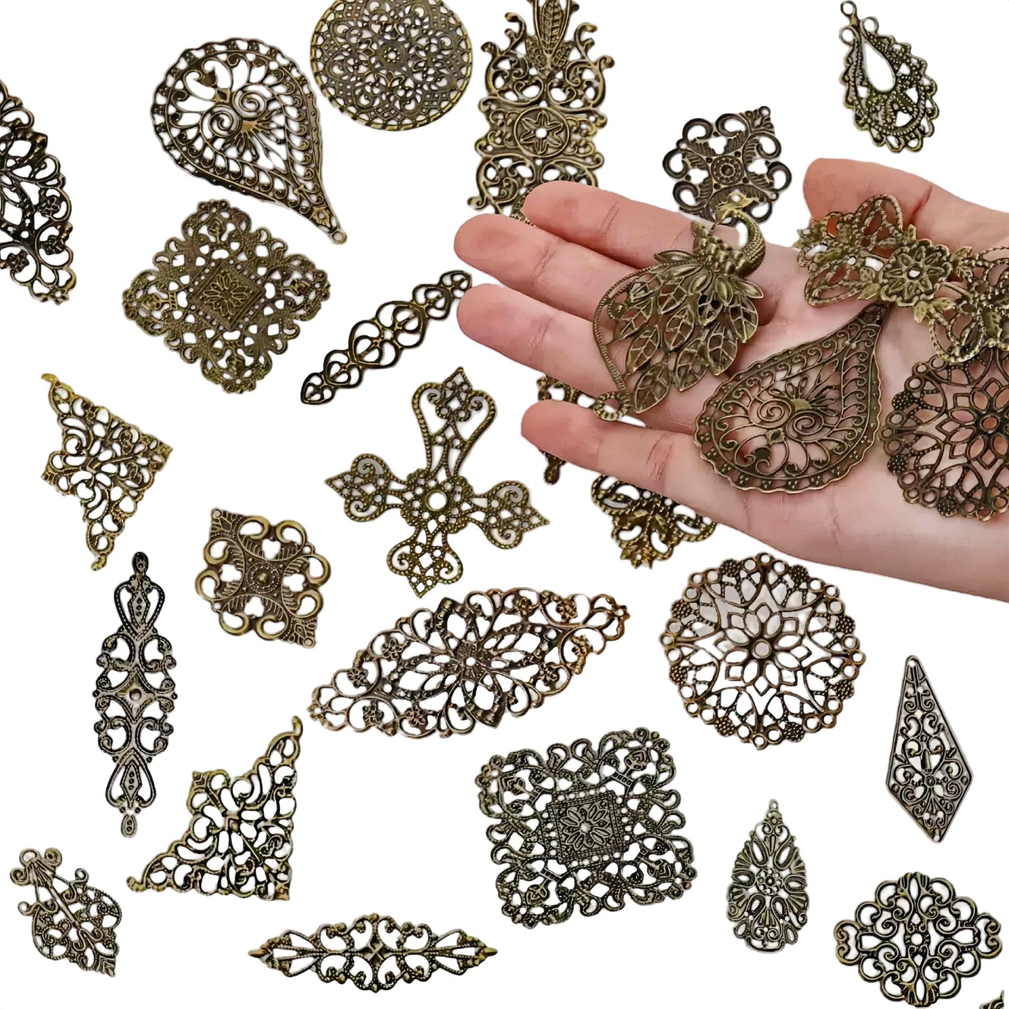 ZOOFOX 120 Pieces Filigree Connectors Charms, Mixed Vintage Earring Necklace Charms Collection, Filigree Metal Embellishments for DIY Jewelry Making, Antique Bronze