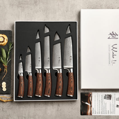 Wakoli EDIB 6-Piece Damascus Knife Block Set – Professional Kitchen Knives with Magnetic Acacia Block – Kitchen Knife Set made of 67-Layer Damascus Steel Blades & Ergonomic Pakkawood Handles