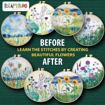CRAFTILOO Embroidery Kit for Beginners Adults — 4 Floral Stamped Patterns, Learn 17 Stitches | Complete Needlepoint Kit with Hoop, Needles, Thread & Video Tutorial | Embroidery Kits for Adults Women
