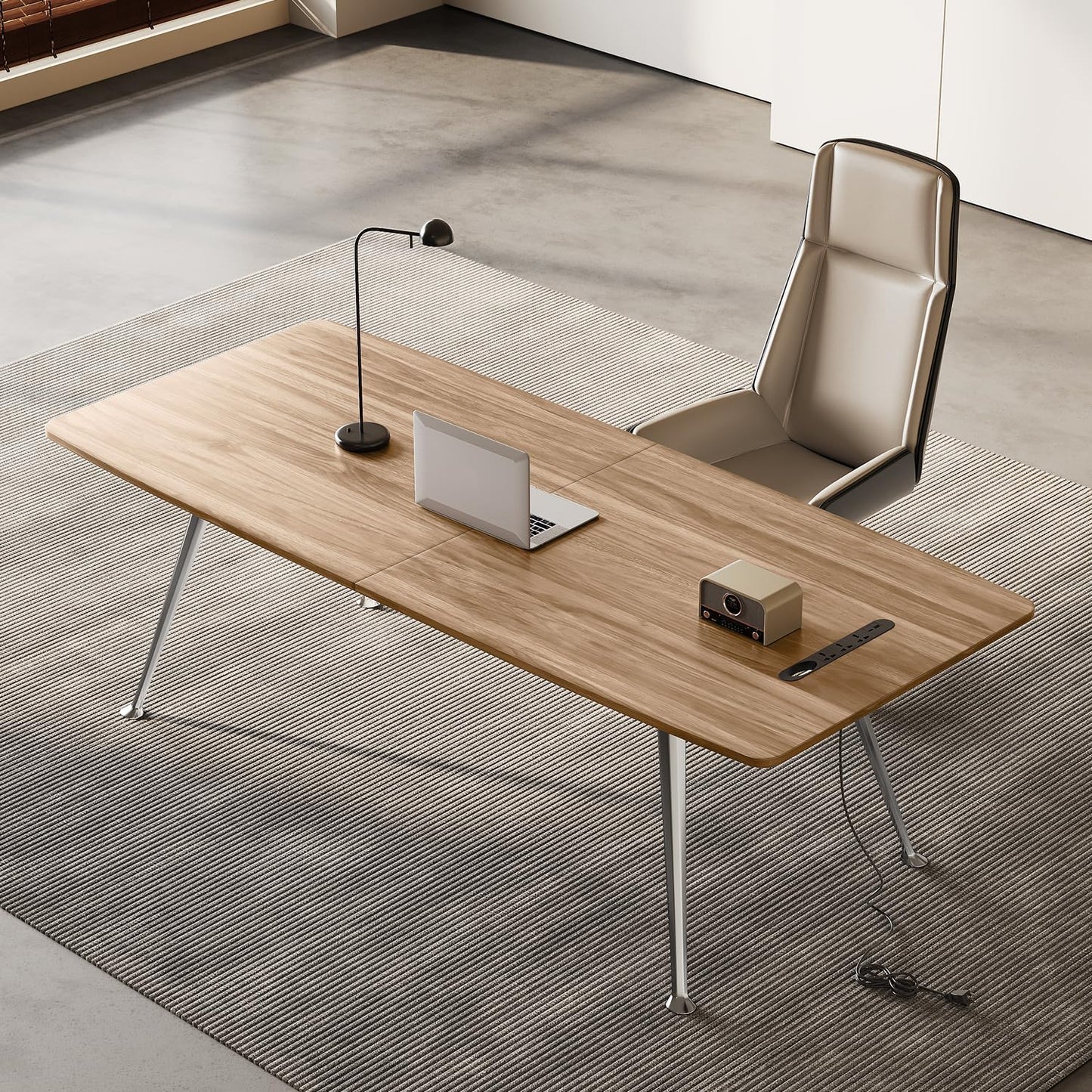 Writing Computer Desk, 60-Inch Large Executive Desk Office Workstation with Chrome-Plated Legs and Built-in Power Outlet, Writing Table Business Furniture, Modern Minimalist Style for Home Office