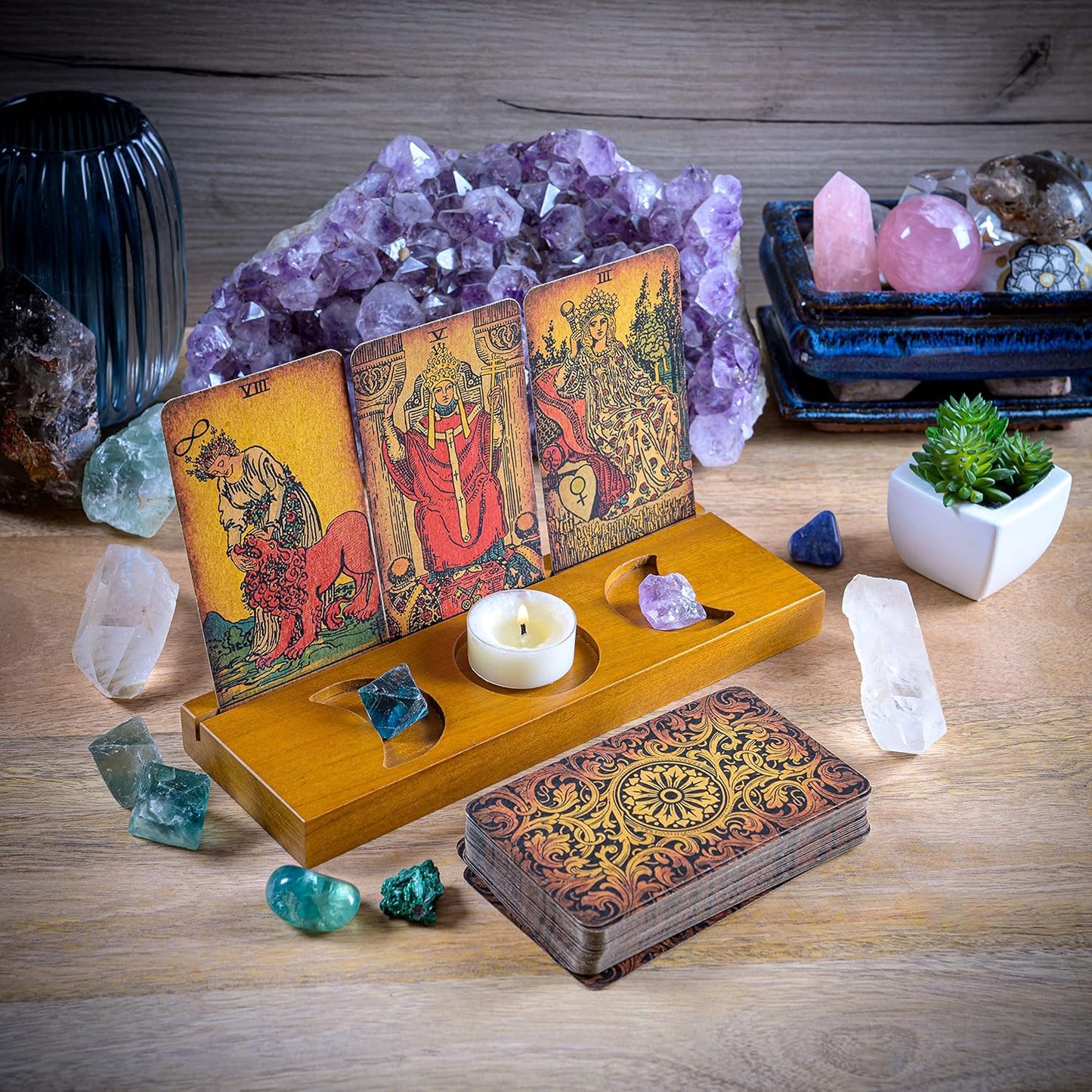 Curawood Tarot Card Holder Stand, 3-Card Stand with Etched Moon - Witchy Gifts for Women, Tarot Accessories