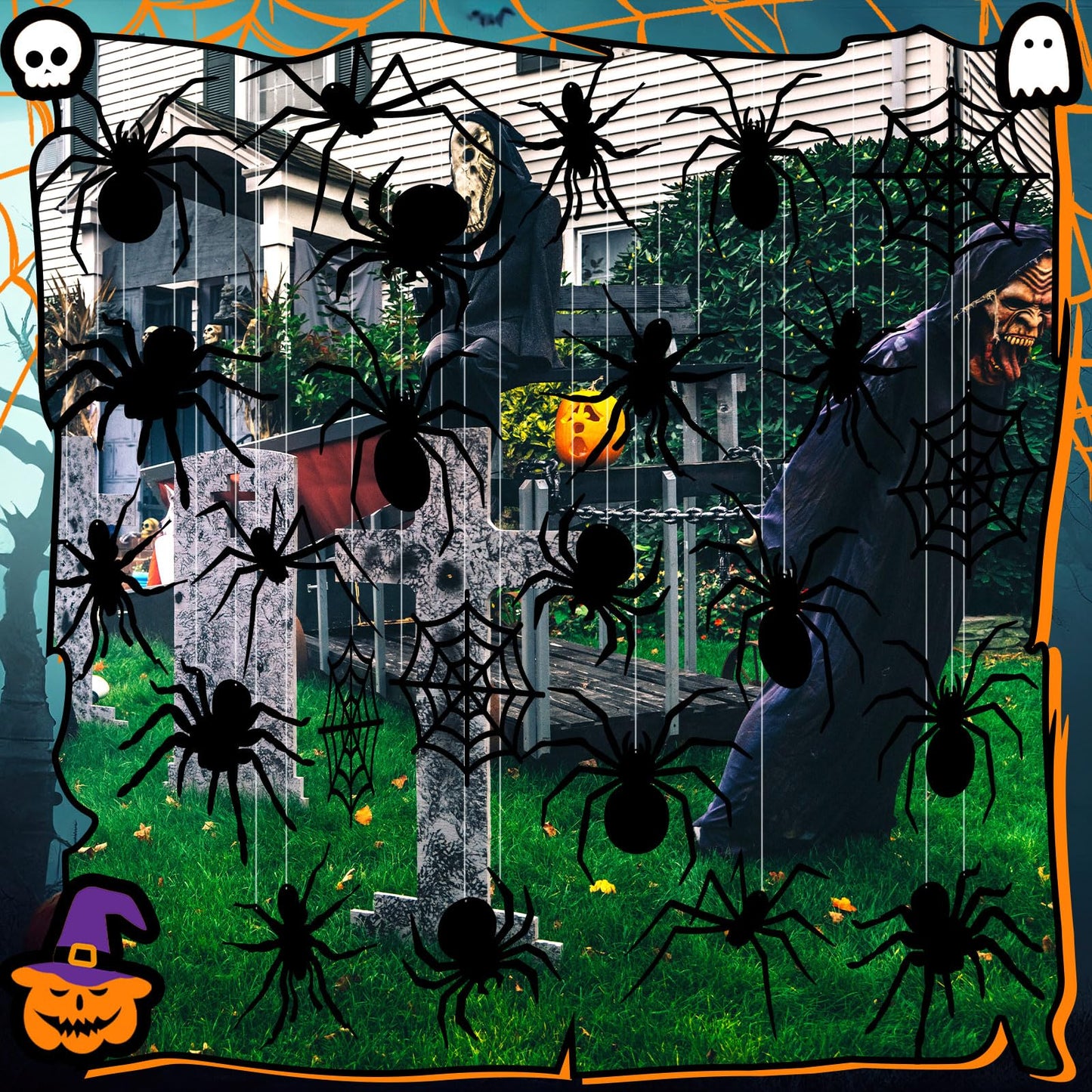 Sintuff 24 Pcs Halloween Spiders Hanging Decoration - Outdoor Spiders Webs Plastic Decor for Tree, Porch, Yard