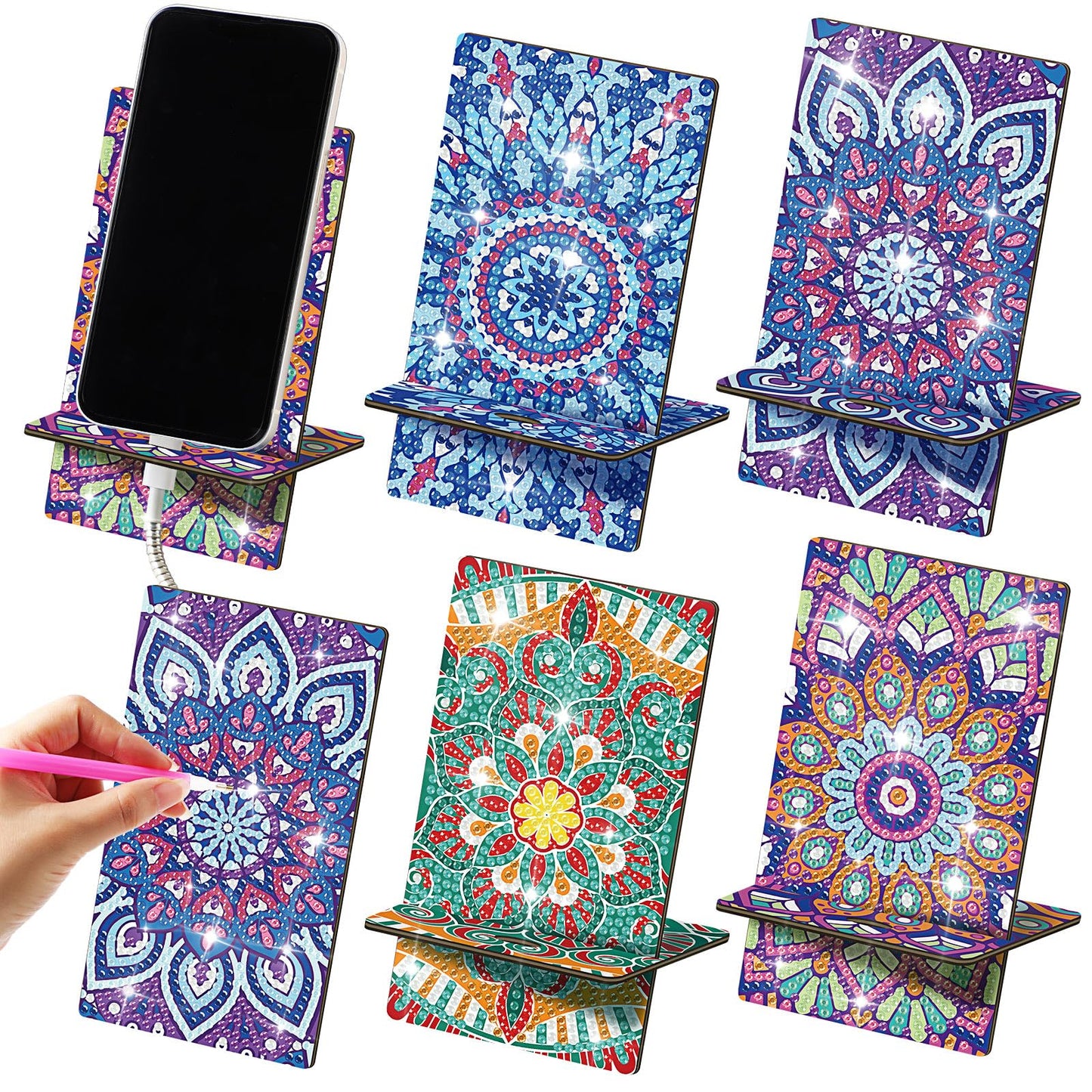 Saillong 4 Pcs Large Mandala Diamond Painting Cell Phone Stand 5.5 Inch DIY Full Drill Crystal Diamond Art Phone Holder Bling Painting Art Craft Kits for Beginner Adult