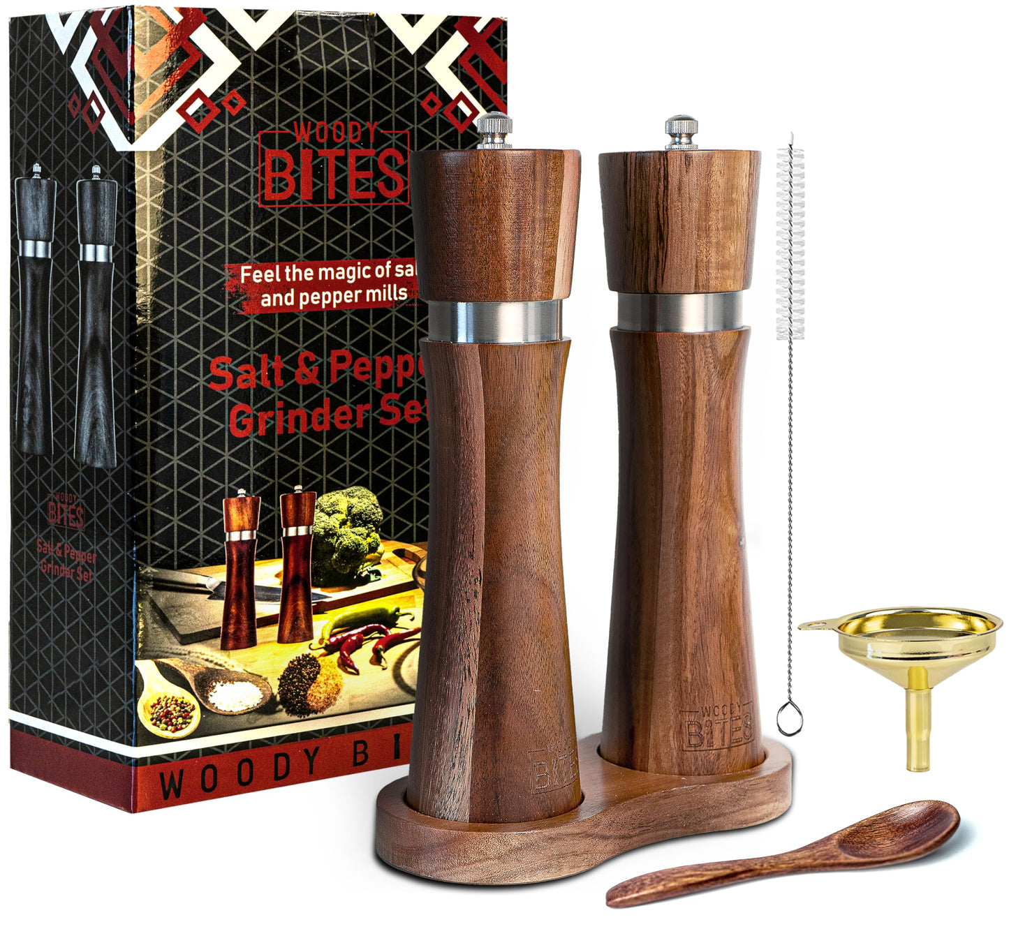 Acacia Wood Salt & Pepper Grinder Set – 8" Manual Adjustable Mills – Wooden Pepper Mill Gift Set with Funnel, Spoon & Brush – Eco-Friendly Kitchen Spice Grinder