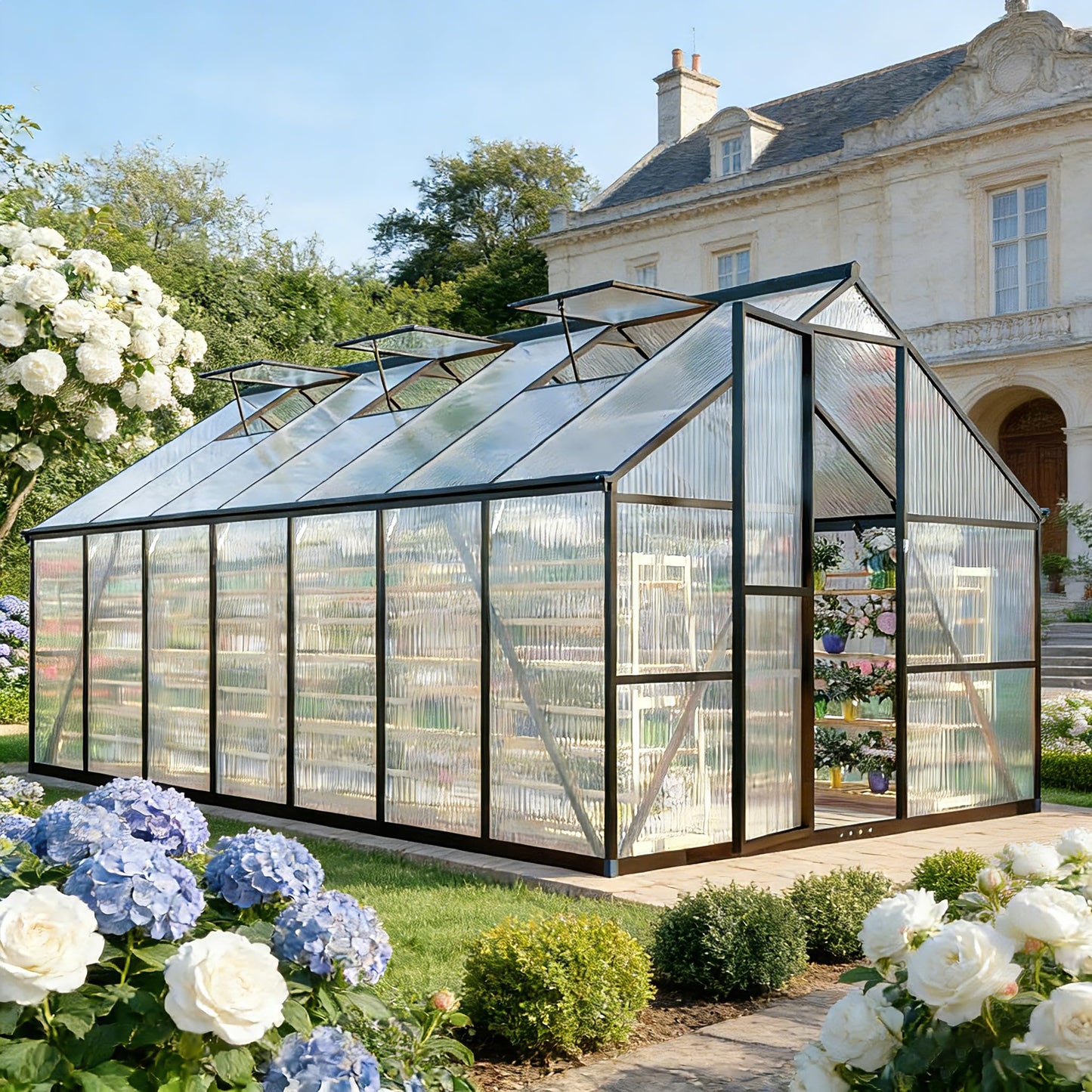 8x14FT Greenhouse for Outdoors, Polycarbonate Greenhouse with Quick Setup Structure and Roof Vent, Aluminum Large Walk-in Green House for Outside Garden Backyard, Dark Gray