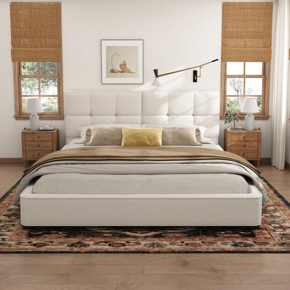 Christopher Knight Home Cordo King Size Bed, Velvet Upholstered Platform Bed, Wooden Slats Panel Support, Tufted Square Corners Haedboard, No Box Spring Needed, Easy Assembly, Beige