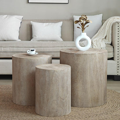 KEIKI Round Coffee Table Set of 3, Modern Wood Nesting Coffee Table with Tree Rings Texture for Living Room, Natural
