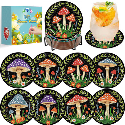 Diamond Art Coasters Kits Mushrooms, Mushroom Diamond Painting Coasters with Holder Set of 8, DIY Coaster Gem Art Crafts Supplies for Adults Beginner Cup Mat with Nice Gift Box for Home Decor 3.9 inch