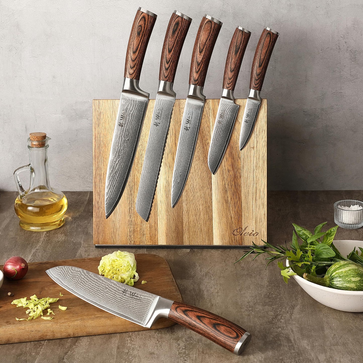 Wakoli EDIB 6-Piece Damascus Knife Block Set – Professional Kitchen Knives with Magnetic Acacia Block – Kitchen Knife Set made of 67-Layer Damascus Steel Blades & Ergonomic Pakkawood Handles