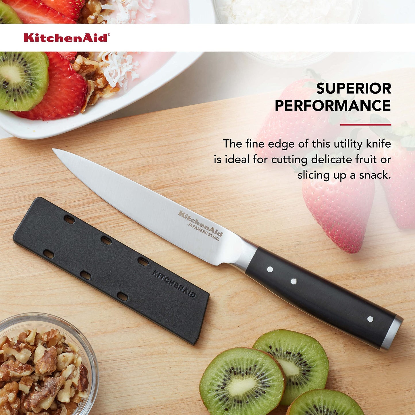 KitchenAid Gourmet Forged Triple Rivet Fine-Edge Utility Knife with Custom-Fit Blade Cover, 4.5-inch, Sharp Kitchen Knife, Japanese Stainless Steel Blade, Black
