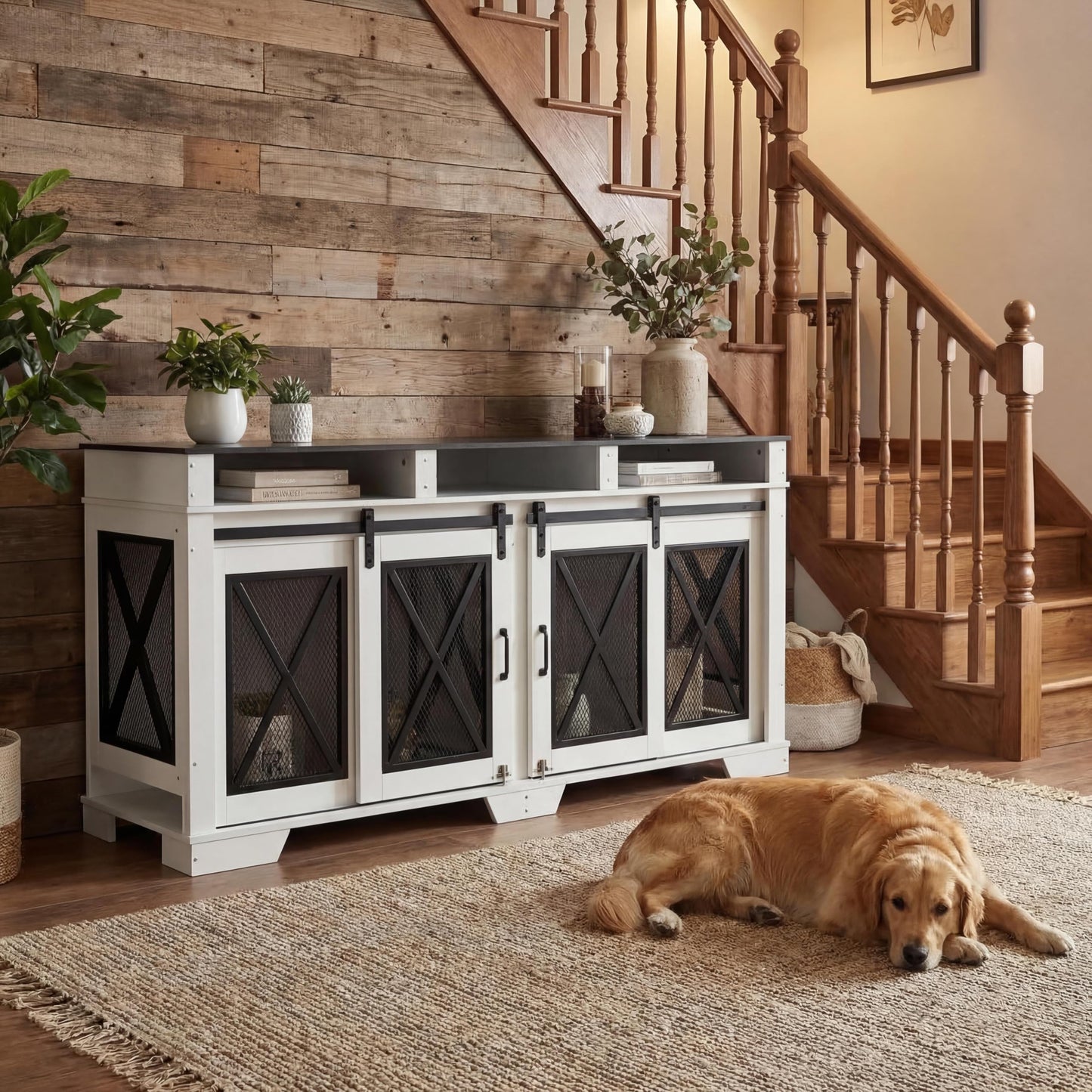 Garvee 71" Double Dog Crate Furniture with Divider, Heavy Duty Wood & Metal Dog Cage for Large Dogs, Dual Compartment Dog Kennel with Double Doors, Indoor Dog Crate TV Stand