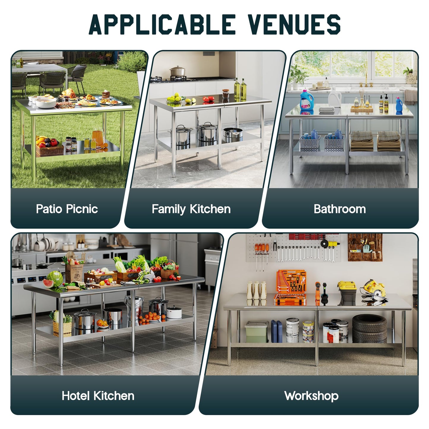 Albott 30x60 Inch Stainless Steel Work Table with Adjustable Undershelf, Heavy Duty Prep Table with Lower Shelf for Kitchen, Restaurant, Home and Commercial Use
