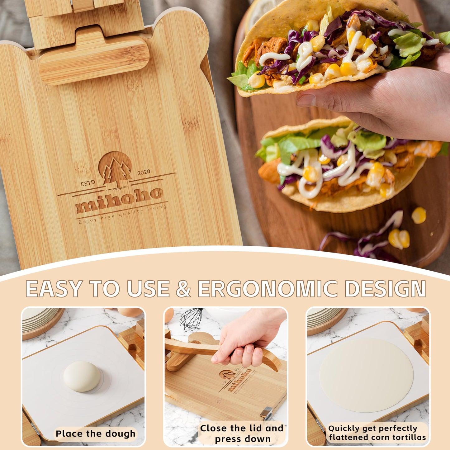 Tortilla Press 10 Inch Bamboo Tortilla Maker, Mexican Tortillera Presser Homemade Flour Tortilla Press for Mexican Tortillas Roti Burrito, Taco Pataconera (Beech)