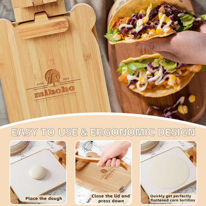 Tortilla Press 10 Inch Bamboo Tortilla Maker, Mexican Tortillera Presser Homemade Flour Tortilla Press for Mexican Tortillas Roti Burrito, Taco Pataconera (Beech)