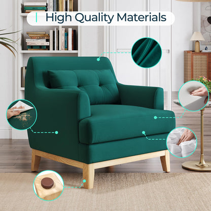 LINSY Accent Lounge Chair, Large Velvet Reading Chair with Wood Base and Lumbar Pillow, Mid Century Modern Armchair Cozy Single Sofa for Reading Room Living Room Bedroom Apartment Office, Green