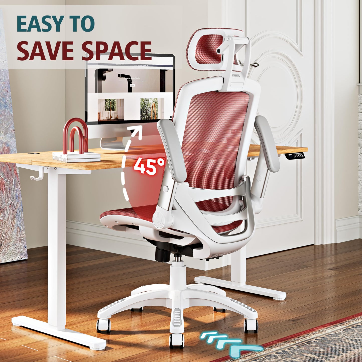 GABRYLLY Ergonomic Office Chair, High Back Home Desk Chair with Headrest, Flip-Up Arms, 90-120° Tilt Lock and Wide Cushion, 300LBS Mesh Chairs for Man Woman, White Task Chair(Red,GY01WR)