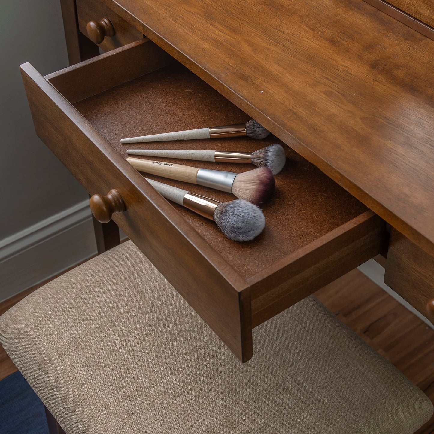 Linon MidCentury Walnut Upholstered Seat Beverly Vanity Set, Medium