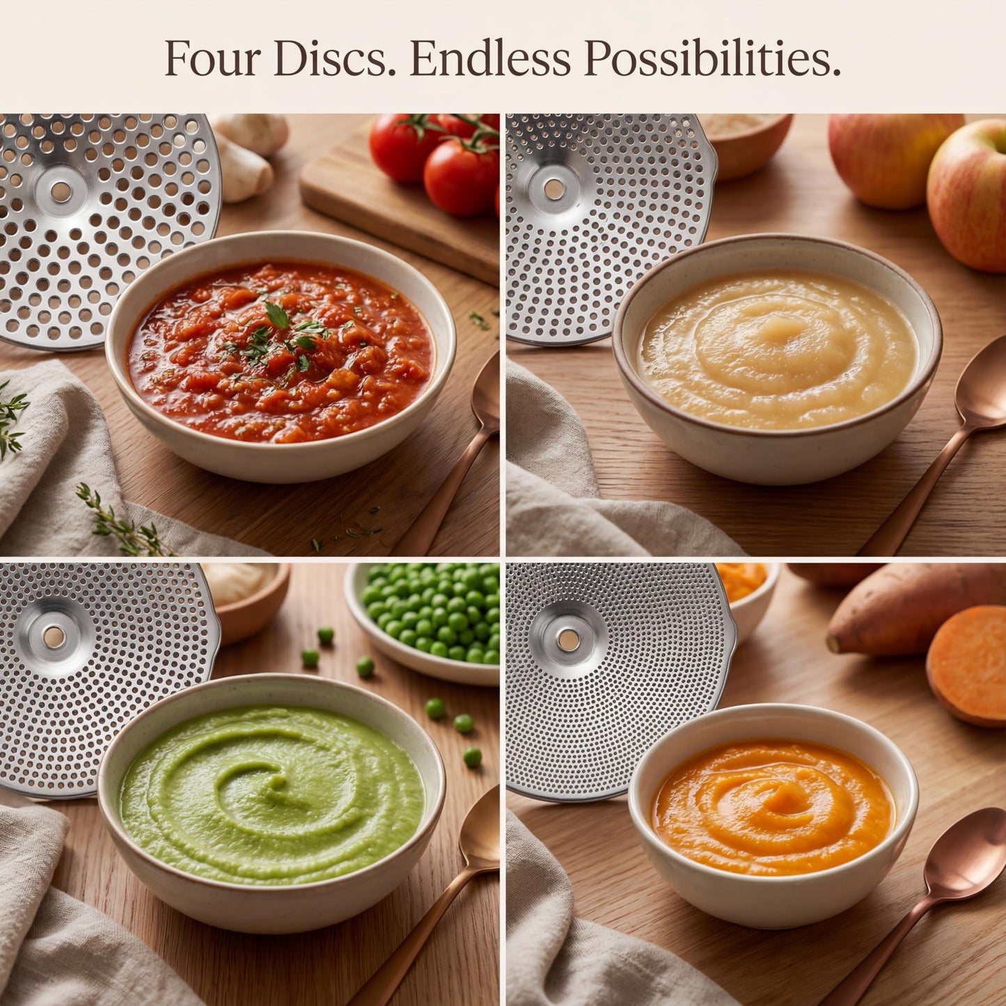 Premium 4-Disc Stainless Steel Food Mill – Ergonomic Rotary Hand Crank for Tomato Sauce, Canning, Applesauce, Baby Food, Mashed Potatoes, Puree & Jams